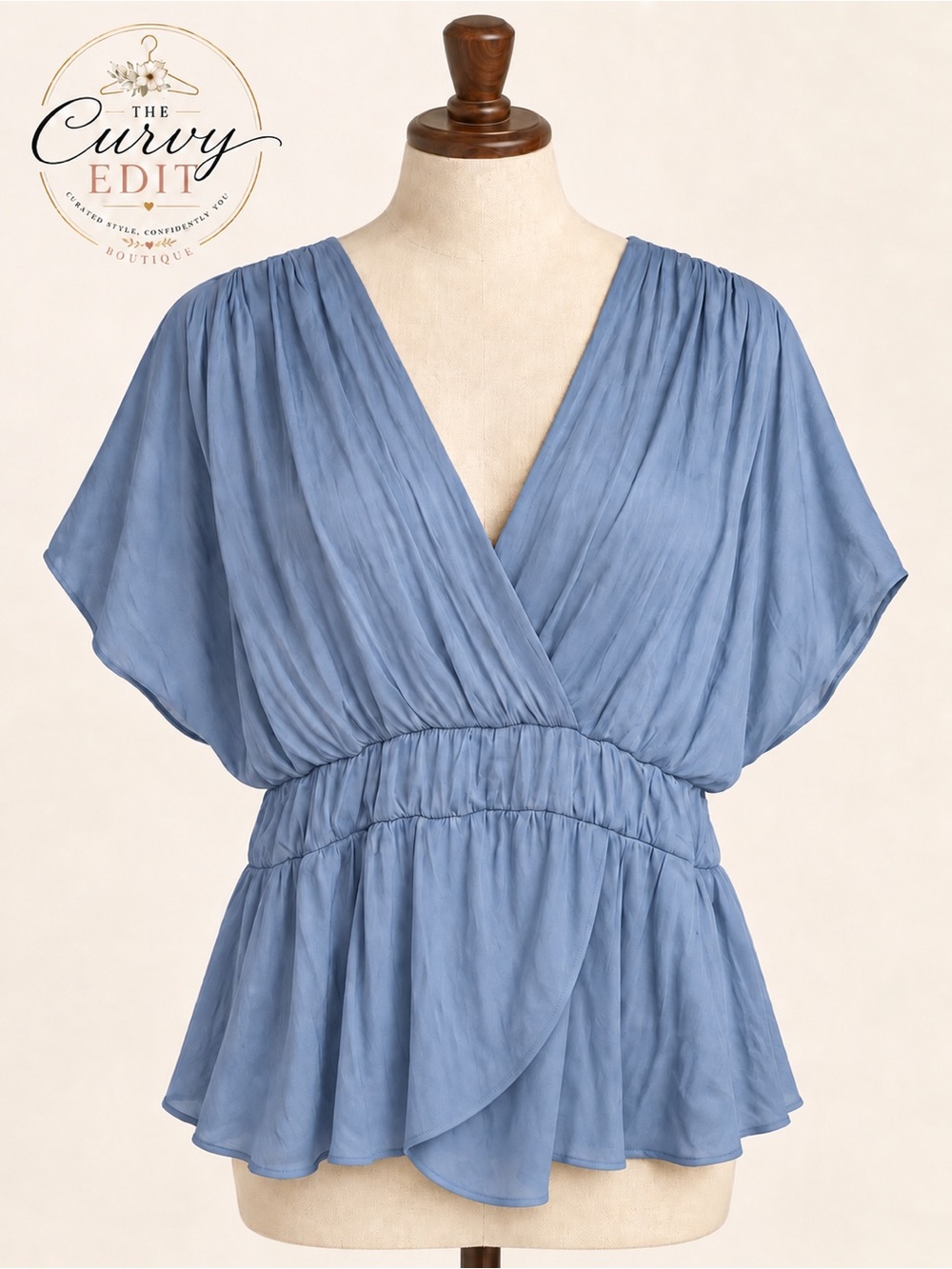 Pink Lily M Smokey Blue Surplice Faux Wrap Ruffle Peplum Blouse Coastal Boho